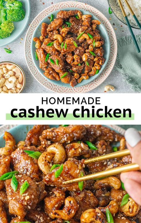 Cashew Chicken is a crispy on the outside and tender on the inside chicken recipe combined with the nutty flavor of cashews in a sweet and savory garlic sauce. Even better than take-out! #recipes #dinner Cashew Recipes, Cashew Chicken Recipe, Chinese Cooking Recipes, Easy Chinese Recipes, Cashew Chicken, Yummy Chicken Recipes, Best Chicken Recipes, Chinese Dishes, Chinese Cooking