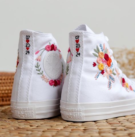 Wedding Sneakers For Bride Diy, Flower Embroidery Shoes, Mountain Wedding Shoes, Embroidery On Shoes, Sneaker Embroidery, Blue Bridal Flowers, Embroidered Wedding Shoes, Wedding Sneakers For Bride, Embroidery Converse