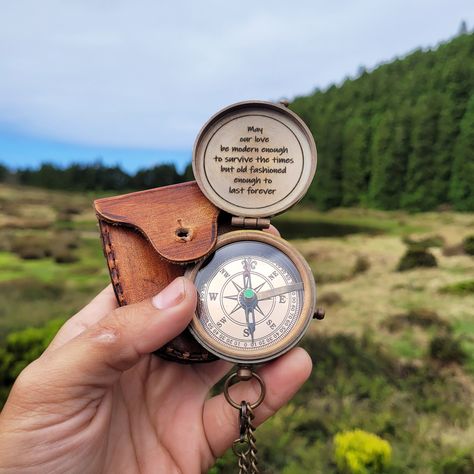 This engraved custom compass is the perfect personalized gift for the adventurous spirit in your life! Made from high-quality brass, this unique keepsake combines vintage nautical charm with functional design. Whether you're shopping for a loved one, friend, or colleague, this custom compass makes an unforgettable Christmas gift that will be treasured for years to come. The compass is fully customizable with up 120 characters per lid, allowing you to add a personal touch, such as initials, a sig Brass Compass, Engraved Compass, Engraved Handwriting, Text Symbols, Nautical Gifts, Camping Games, Vintage Nautical, Wooden Case, Anniversary Wedding