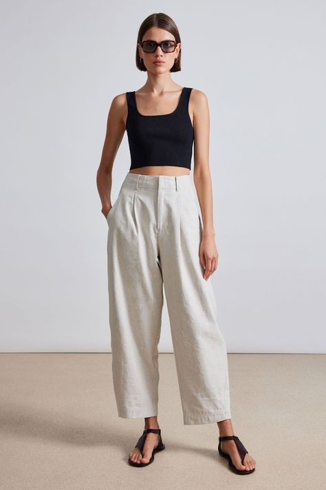 Asymmetric Tunic Tee | Apiece Apart High Waist Linen Pants, Barrel Leg Pants Outfit, Linen Pants Summer Outfit, 2025 Wardrobe, Modern Modest Fashion, High Waisted Linen Pants, Linen Pants Outfit, Summer Trousers, Leg Pants Outfit