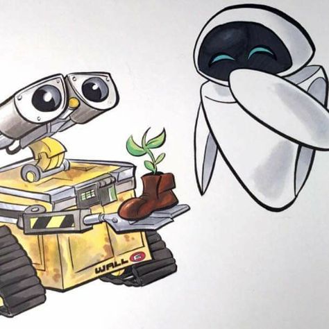 Cute Wall E Drawings, Walle And Eve Drawing, Wall E And Eve Drawing, Wall-e Painting, Wall E Drawing, Walle Y Eva, Walle And Eva, Wall E Eve, Disney Sleeve