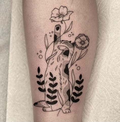 Cat Tattoo Best Friend, Cat Tattoo Designs With Flowers, Happy Cat Tattoo, Cat Playing With Yarn Tattoo, Linework Cat Tattoo, Cat Stretching Tattoo, Cat And Flower Tattoo, Flower Cat Tattoo, Witch Cat Tattoo