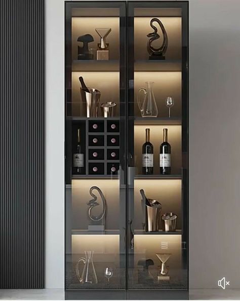 Wine Living Room Ideas, Wine Shelves Ideas, Wine And Glass Cabinet, Wine Case Ideas, Dinning Room Shelving Ideas, Bar Ideas For Office, Small Wine Room, Bar Unit In Living Room, Kitchen Display Cabinet