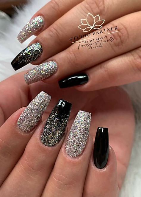 Glitter Waterfall Nails, New Years Eve Coffin Nail Designs, Silver N Black Nails, Black And Silver Glitter Nails Acrylic, Glitter Party Nails, January Nail Designs Black, Natural And Silver Nails, New Years Nails White And Silver, Black And Silver Sparkly Nails