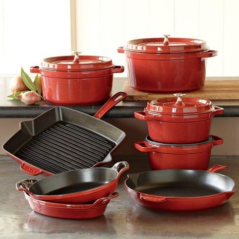 Staub Cast-Iron 12-Piece Cookware Set | Williams-Sonoma Cast Iron Cookware Set, Kitchen Wares, Induction Cookware, Nonstick Cookware Sets, Cast Iron Pot, Pots And Pans Sets, Kitchenware Store, Cast Iron Cooking, Matte Red