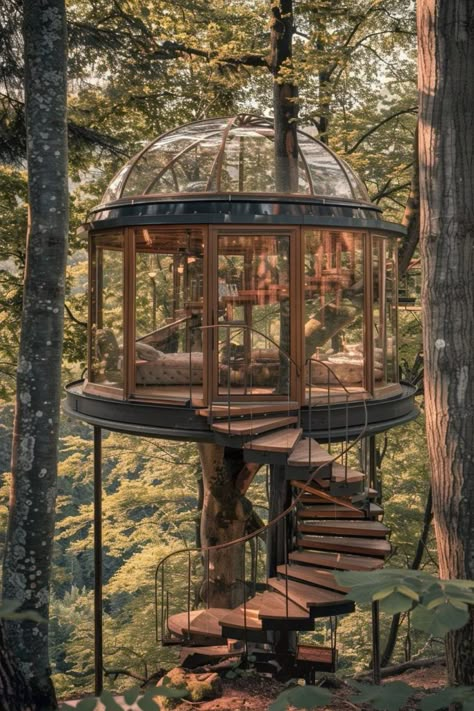 Tree House Inspiration, Viewing Tower Design, House Inside Tree, Glass Dome House, Cozy House Outside, My Dream Home Modern, Tree House Exterior, Tree House Aesthetic, Modern Nature House