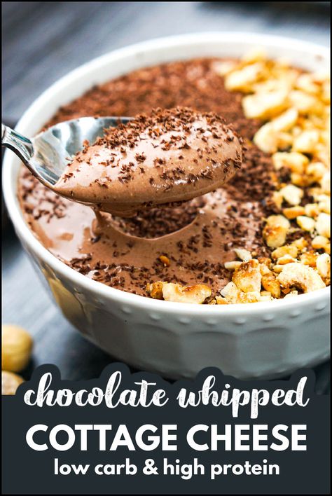 This decadent but healthy chocolate whipped cottage cheese dessert is perfect for those chocolate cravings. It's like a healthy chocolate cottage cheese pudding or mousse and it takes just a few minutes to make. It's an easy and healthy sweet treat or snack. Cottage Cheese Mousse Chocolate, Whipped Cottage Cheese Mouse, Protein Snacks Cottage Cheese, Sweet Cottage Cheese Bowl, Recipes Using Cottage Cheese Healthy, Cottage Cheese Chocolate Muffins, Cottage Cheese And Pudding, Sweet Cottage Cheese Snack, Cottage Cheese Chocolate Ice Cream