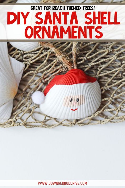 Bring a little bit of the beach to your Christmas tree this year with this DIY Santa Seashell Ornament! It's so simple and cute!  DIY Santa Seashell Ornament | Seashell Ornament Craft | Seashell Ornament DIY | Santa Shell Ornament | Beach Christmas Decor | Christmas Shell Craft | Down Redbud Drive #santaornament #seashellornament #beachchristmas #christmascraft #diyornament Beach Christmas Decor, Beach Christmas Trees, Seashell Ornament, Seashell Christmas Ornaments, Beach Christmas Decorations, Crochet Ornament Patterns, Seashell Projects, Shell Craft, Diy Santa