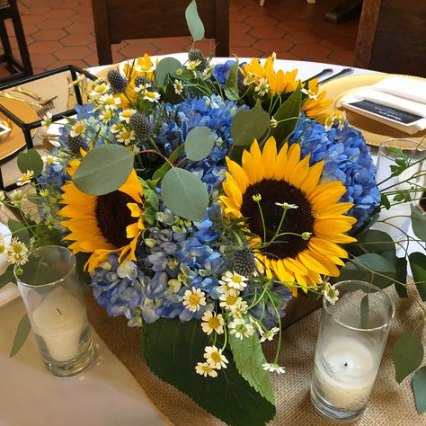 Sunflower And Hydrangea Arrangements, Sunflower And Hydrangea Wedding, Hydrangeas And Sunflowers, Sunflower And Blue Centerpieces, Hydrangea And Sunflower Centerpiece, Sunflower And Hydrangea Centerpieces, Sunflowers And Blue Hydrangeas, Sunflower And Blue Hydrangea Bouquet, Summer Sunflower Bouquet