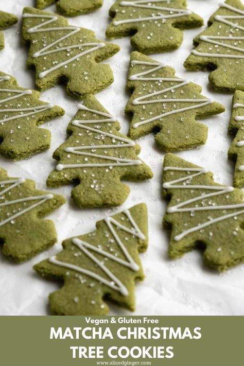 These Matcha Christmas Tree Cookies are made with almond and oat flour, sweetened with maple syrup and flavoured with deliciously earthy matcha powder. As a healthier version of conventional Christmas cookies they’re vegan and gluten free and are sure to please all matcha lovers this holiday season! #dessert #holidayrecipes Matcha Vegan Cookies, Matcha Cookies Vegan, Winter Gluten Free Recipes, Organic Christmas Cookies, Vegan Gluten Free Treats, Christmas Cookies Recipes Vegan, Gluten Free Matcha Cookies, Oat Flour Christmas Cookies, Christmas Food Gluten Free