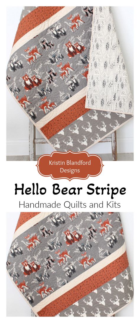 Woodland Quilt Kit, Baby Boy, DIY Project, Forest Animals Hello Bear, Art Gallery Fabrics, Deer Fox, Simple Easy Beginner, Striped Pattern Boy Quilt Patterns, Baby Boy Quilt Patterns, Woodland Baby Quilt, Boys Quilt Patterns, Woodland Quilt, Woodland Blanket, Baby Quilt Kit, Forest Quilt, Hello Bear