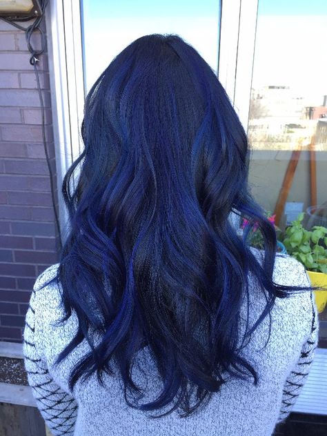 The color: Ceylon Sapphire Description: This vivid yet deep cobalt looks blue-black in indoor lighting, but... Blue Black Hair Color, Dyed Hair Blue, Blue Black Hair, Dark Blue Hair, Blue Highlights, Long Dark Hair, Hair Color Blue, Hair Color Dark, Cool Hair Color