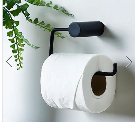 Black Toilet Roll Holder Bathroom, Toilet Roll Holder Ideas Small Spaces, Loo Roll Holder Ideas, Black Toilet Roll Holder, Toilet Roll Holders, White And Black Bathroom Decor, Toilet Roll Holder Ideas, Black Bathroom Fittings, Wall Toilet Paper Holder