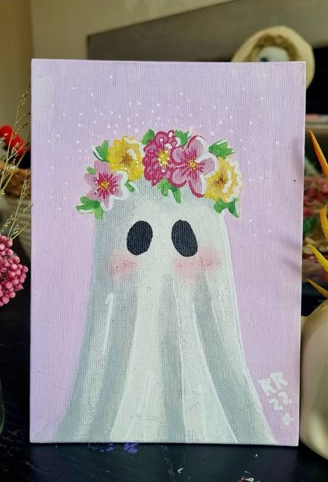 Fluffy Paint Art, Canvas Painting Aesthetic Vintage, Grunge Painting Ideas On Canvas, Ghost Acrylic Painting, Hay Bale Art, Halloween Canvas Paintings, Flower Ghost, Halloween Canvas Art, Cute Easy Paintings