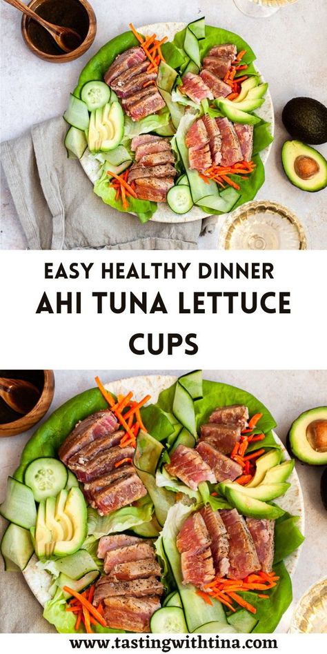 Ahi Tuna Lettuce Cups are the most delicious easy weeknight dinner! With a few simple and fresh ingredients and a homemade sesame soy sauce, this recipe is super healthy and simple to make. Tuna Lettuce Wraps, Quick Appetizer Recipes, Delicious Seafood Recipes, Lettuce Wrap Recipes, Lettuce Cups, Ahi Tuna, Easy Weeknight Dinner, Dinner Inspiration, Quick Weeknight Dinners