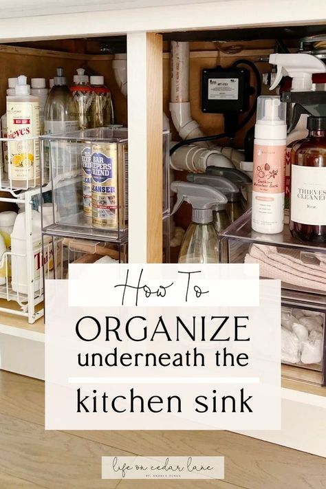 Diy Kitchen Sink Organizer, Organization Under Kitchen Sink, How To Organize Under Kitchen Sink, Transitional Kitchen Decor, Diy Kitchen Sink, Kitchen Sink Storage Ideas, Kitchen Cabinet Hacks, Kitchen Sink Organization Ideas, Under Kitchen Sink Storage Ideas