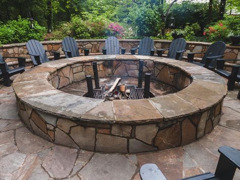 see facing: flagstone to match stepping stones Garden And Fire Pit, Shiplap Home, Stone Fire Pits, Diy Stone Fireplace, Tabletop Patio Heater, Easy Fire Pit, Wedding Hair With Cathedral Veil, Veil Updo, Large Fire Pit