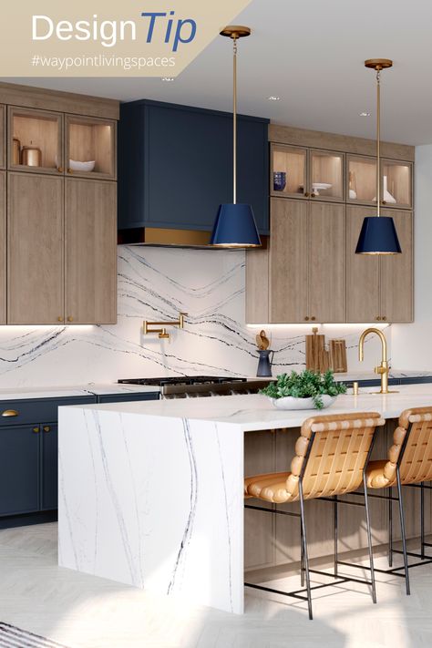 maple almond and painted navy kitchen Navy And Natural Wood Kitchen, Blue And Wood Kitchen Cabinets, Waypoint Kitchen Cabinets, Navy And Wood Kitchen, Blue And Wood Kitchen, Cabinets Gold Hardware, Navy Kitchen Cabinets, Navy Blue Kitchen Cabinets, White Wood Kitchens