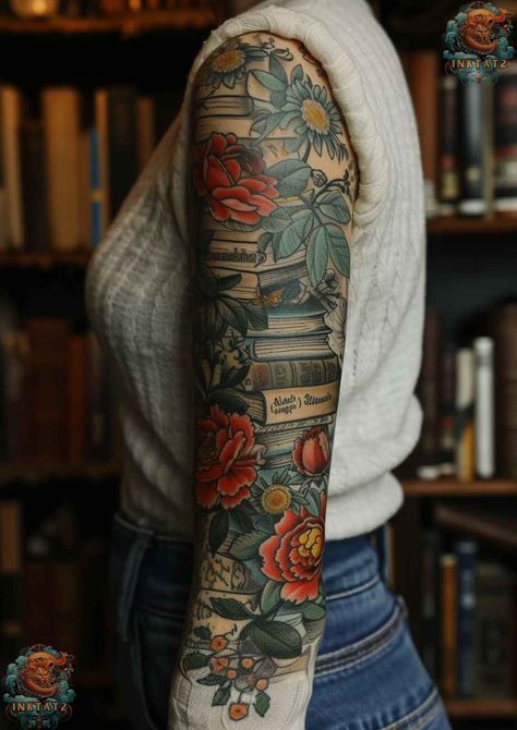 Books Sleeve Tattoo, Book And Plant Tattoo, American Traditional Book Tattoo, Book And Flower Tattoo, Traditional Book Tattoo, Book Tattoo Sleeve, Tattoo Weird, Book Themed Tattoos, Literature Tattoos