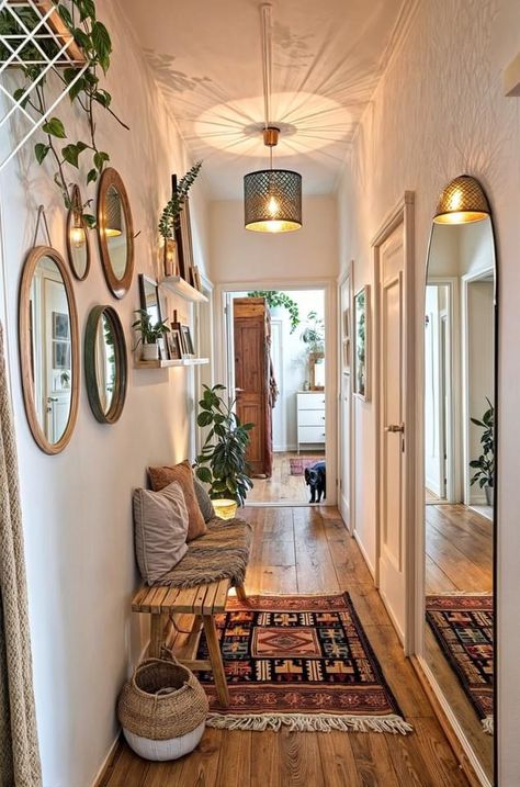 Apartment Hallway Ideas, Apartment Entry Way, Long Narrow Hallway Ideas, Organisation Station, Small Apartment Entryway, Small Apartment Floor Plans, Apartment Entry, Bohemian Hallway, Comfy Decor