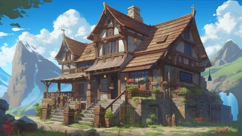 Fantasy Village Concept Art, Chest Game Art, Zelda House, Fantasy House Concept Art, Fantasy House Concept, Anime Village, Stylized House, Minecraft Concept, Village Center