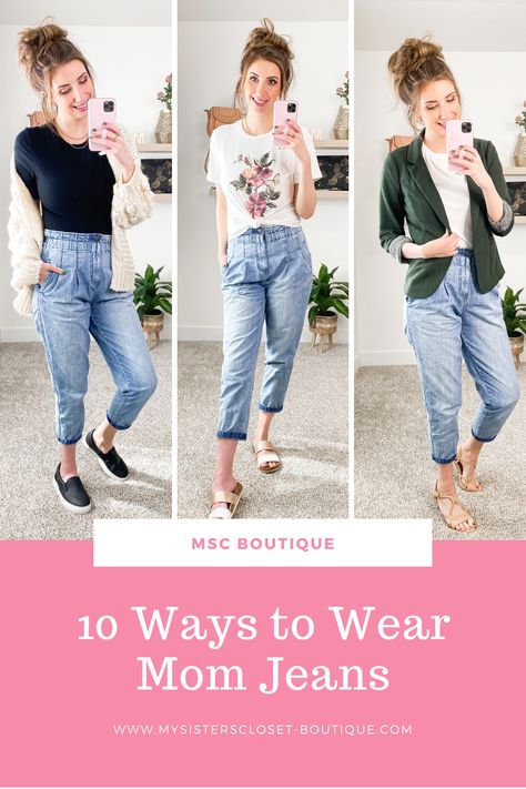 Looking for outfit ideas for your new pair of mom jeans? Here are 10 ways to wear your mom jeans - these outfit ideas are simple, easy, and effortless! Mom Jean Outfits for the win! Styling Mum Jeans, Moms Jeans Outfit Ideas, Ways To Style Mom Jeans, Young Mom Outfits, Mommy Jeans, Knit Cardigan Outfit, Mom Jeans Outfit Summer, Mom Jean Fits, 90s Mom Jeans