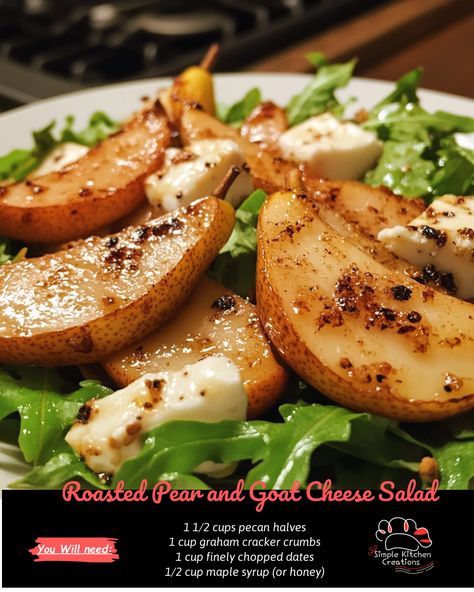 Indulge in the perfect fall salad with this Roasted Pear and Goat Cheese Salad recipe. The combination of sweet, caramelized pears, tangy goat cheese, and crunchy walnuts is sure to delight your taste buds. Plus, it's so easy to make! Find the full recipe on our Pinterest board and impress your guests with this delicious and elegant dish. #fallrecipes #salad #goatcheese #pear #healthyeating Salad With Goat Cheese And Pecans, Carmelized Pear And Blue Cheese Salad, Pear And Walnut Salad Recipes, Poached Pear Salad Recipes, Salads Recipes With Pear, Salad With Pears And Goat Cheese, Pear Side Dish, Pear And Goat Cheese Salad, Salad Recipes With Pears