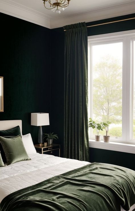 Dark Green Room Curtain Ideas, Green Velvet Curtains Bedroom Ideas, Dark Green Room Curtains, Velvet Green Curtains Bedroom, Black Walls Curtain Ideas, Dark Gray And Green Bedroom, Curtains For Dark Green Walls, Curtains For Dark Green Room, Bedroom With Dark Green Accents