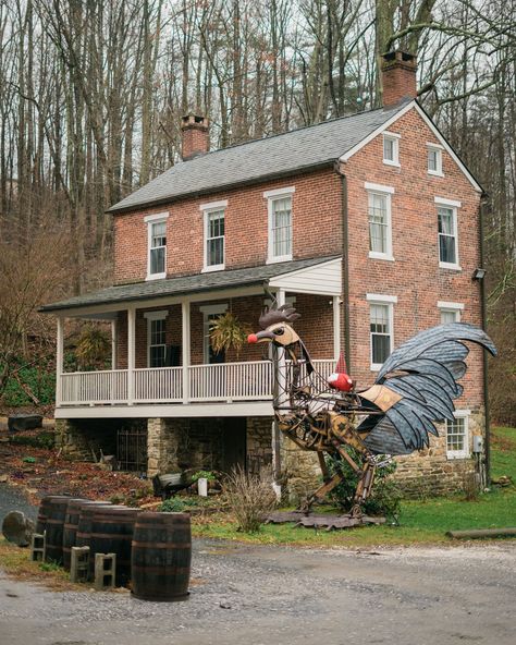 Sculpture of a rooster and a brick house, Monkton, Maryland Big Rooster, Rail Transport, Hotel Motel, White Car, Posters Framed, City Car, Brick House, Image House, Gas Station