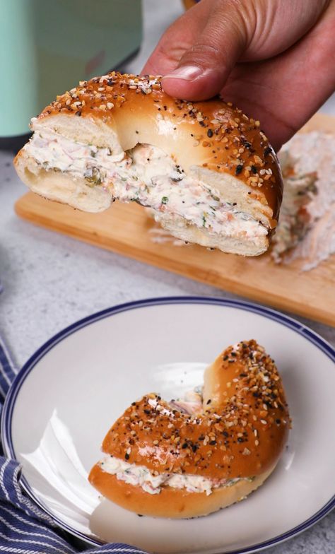 Everything Chopped Salmon Bagel Everything Bagel Topping Ideas, Salmon Cream Cheese Bagel, Easy Home Meals, Toasted Bagel, Bagel Toppings, Salmon Bagel, Salmon Cream Cheese, Cheese Bagels, Bagel Cream Cheese