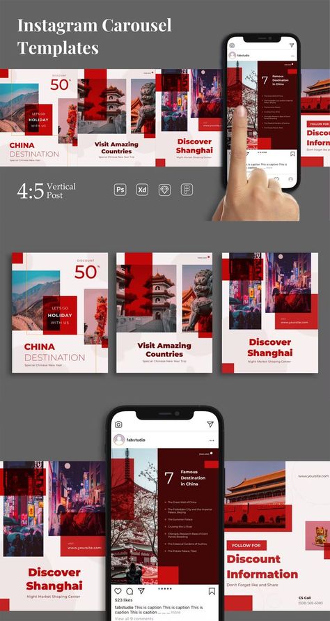 Travel Instagram Carousel Template PSD, XD, SKETCH, FIG Instagram Page Design, Social Media Template Instagram, Templates Background, Social Media Announcement, Social Media Cover Design, Pink Social Media, Wellness Social Media, Creative Social Media Design, Marketing Creative Ads