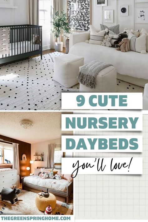 Check out these four real-life nurseries for nursery daybed layout ideas! You'll also find NINE stylish & top-rated nursery daybed ideas - with options for every budget! Nursery Queen Bed, Nursery Daybed Ideas, Nursery Layout With Bed, Nurseries With Daybeds, Nursery With A Daybed, Daybed In Nursery Ideas, Nursery With Pull Out Couch, Nursery Futon, Queen Bed In Nursery