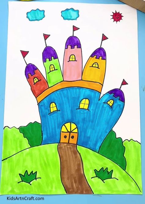 Handprint Castle easy Drawing for kids Check more at https://www.kidsartncraft.com/handprint-castle-drawing-tutorial/ Castle Handprint, Handprint Castle, Castle Drawing For Kids, Castle Drawing Easy, Castle Cartoon, Farm Cartoon, Castle Drawing, Summer Camp Activities, Easy Art For Kids