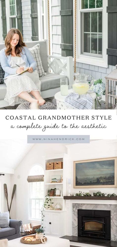 Coastal Country Decor, New England Coastal Decor, Coastal Cottage Living Room, Grandmother Style, Coastal Grandmother Aesthetic, Nantucket Style Homes, Transitional Coastal, Grandmother Aesthetic, Coastal Cottage Decorating