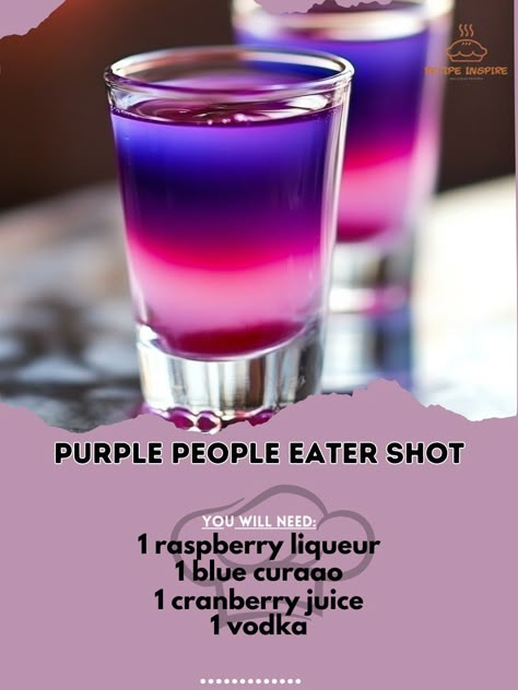 🍇 Get ready to tantalize your taste buds with the vibrant and fun Purple People Eater Shot! 🎉 Purple People Eater Shot Ingredients: - 1/2 oz. raspberry liqueur - 1/2 oz. blue curaçao - 1/2 oz. cranberry juice - 1/2 oz. vodka Instructions: 1. Pour raspberry liqueur into a shot glass. 2. Carefully layer blue curaçao on top of the liqueur. 3. Follow by layering cranberry juice and finally vodka. 4. Serve and enjoy in one swift gulp! 🔮 Unleash your inner mixologist and whip up this colorful s... Common Cocktails Recipes, Blue And Purple Alcoholic Drinks, Purple Batch Cocktail, Togo Alcohol Drinks, Girlie Drinks Alcohol, Alice In Wonderland Cocktails Recipes, Layered Shots Recipes, Purple Vodka Cocktails, Purple People Eater Cocktail