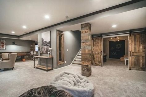 Rustic Basement Ideas, Finished Basement Designs, Home Gym Basement, Dream Basement, Rustic Basement, Basement Living Rooms, Diy Basement, Small Basements, Basement Makeover