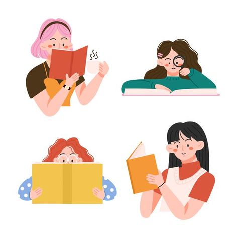 Graphic People Illustration, Illustration Reading Book, Book Lovers Illustration, People Reading Books Drawings, People Reading Drawing, Person Reading Drawing, Cartoon Reading Book, Reading Book Drawing, Happy Illustration Art