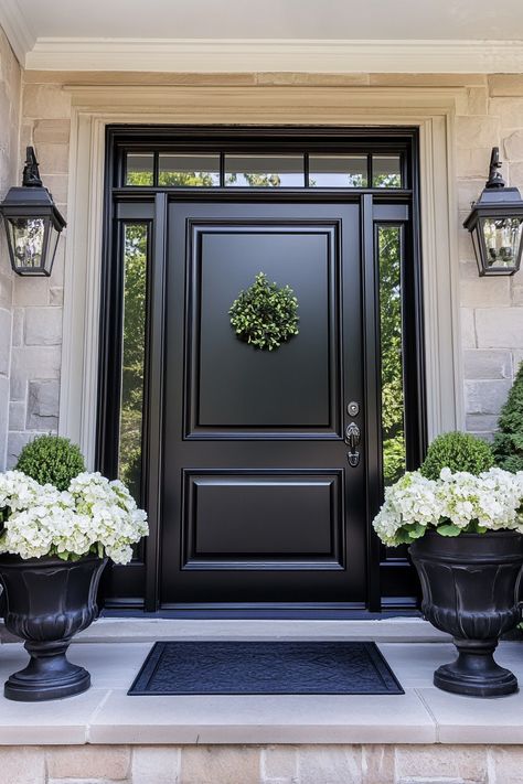 Discover the Magic of Black Trim in Your Interiors : 13 Ideas - DreamyHomeStyle Black Doorway Trim, Front Door Panel Ideas, Main Door Design Entrance Black, Beige House Black Door, Black Front Double Doors Entryway, Black Front Entry Doors With Sidelights, Black Stain Front Door, Two Panel Front Door, Black Front Door No Windows