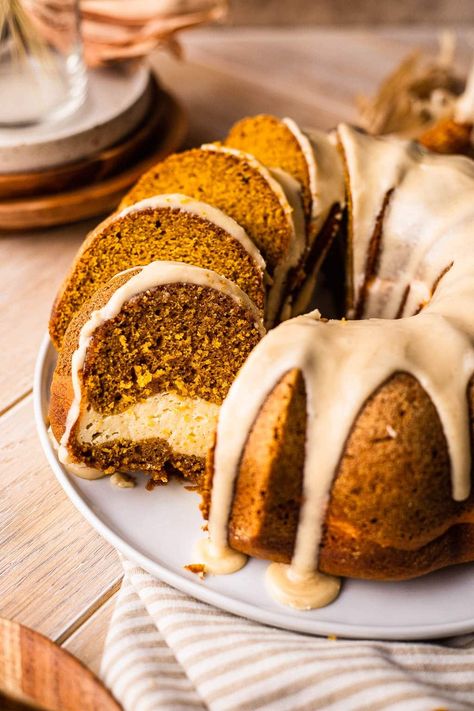 Pumpkin Cream Cheese Bundt Cake | So Much Food Pumpkin Cheesecake Bundt Cake, Pumpkin Cream Cheese Bundt Cake, Pumpkin Bundt Cake With Cream Cheese, Birthday Cake Bundt Cake, Pumpkin Cream Cheese Bundt, Pumpkin Cake With Cream Cheese, Pumpkin Bundt Cake Recipes, Cake With Cream Cheese Filling, Cream Cheese Bundt Cake