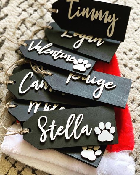 Laser Engraved Stocking Tags, Diy Wood Tags, Glow Forge Ideas, Name Tags Ideas, Handwritten Labels, Wooden Stocking Tags, Glowforge Christmas, Starbucks Ideas, Christmas Stocking Tags