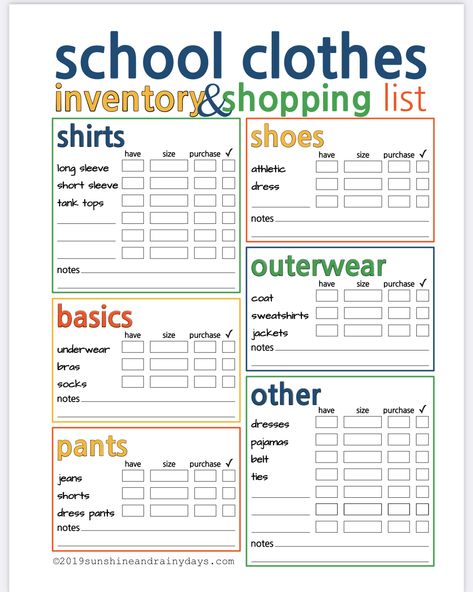 Clothes Inventory List, Back To School Outfit Checklist, What To Buy For Back To School Clothes, Back To School Wardrobe Checklist, Back To School Clothes List Elementary, Back To School Grocery Shopping List, Back To School List Clothes, Back To School 2024-2025, School Shopping List Clothes