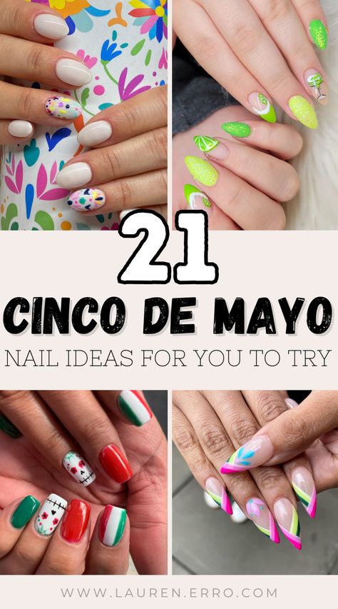 This post has a round-up of 21 Colorful Cinco De Mayo Nail Ideas. From intricate artwork to fun and whimsical designs there are so many colorful, fun, and cute nail ideas here for your Cinco De Mayo celebrations. Mexican Nail Designs Ideas, Mexico Theme Nails, Mexico Nail Art, Hispanic Heritage Nails, Margarita Nails Design, Nails Mexican Theme, Mexican Vacation Nails, Mexican Independence Day Nails, Mexican Themed Nails