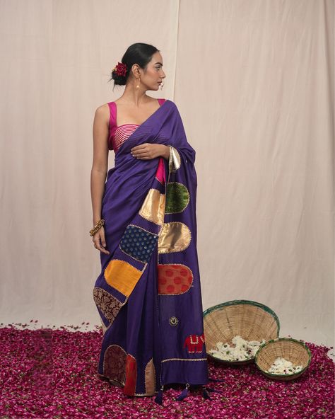 Our stunning पारो (Paaro) Saree! 💜✨ Made from luxurious Chanderi Silk in rich purple, it’s adorned with brocade appliques, golden gota, and mirror embroidery. Featuring hand-embroidered applique elephants, this saree is perfect for any grand occasion. Tradition meets modern elegance! 🌟 #paarosaree #saveasstyle #chanderisilk #grandoccasion #sustainablefashion #elegantdesign Photoshoot Diy, Coke Studio, Best Indian Wedding Dresses, Draping Styles, Diy Dresses, Navratri Dress, Saree Draping Styles, Mirror Embroidery, Saree Draping