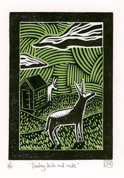 A 2-colour linocut print entitled Donkey Hide And Seek.  Another insight into what donkeys might do when were not looking. These two are having a game of hide-and-seek, but I think they need a little practice. This is one of quite a few donkey-prints I have done. Im mildly obsessed with their slightly confused character and modest charm.  Light green and warm grey inks on off-white Daler-Rowney 220gsm acid-free paper. From an edition of 90, signed and numbered.  The print image measures H15xW... Square Lino Print, Cow Lino Print, Lino Print Multiple Colours, Horse Lino Print, Vintage Donkey Illustration, Relief Printmaking, Mountain Designs, Handmade Valentine, Lino Print