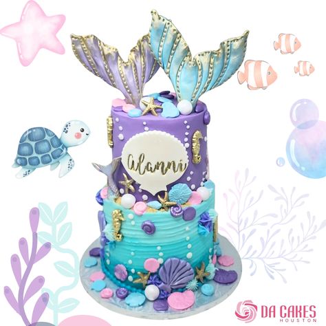 Top tier covered with lavender fondant, bottom tier frosted with light turquoise to turquoise buttercream with texture, sea accents hand modeled, buttercream decoration, hand modeled mermaid tales on top, gold details, gold name in a shell made with fondant. Mermaid Cake Designs Birthday Parties, Under The Sea Fondant Cake, Under The Sea Baby Shower Cake, Mermaid Party Cake, Mermaid Birthday Cake, Mermaid Party Invitations, Mermaid Tales, Mermaid Birthday Cakes, 36th Birthday