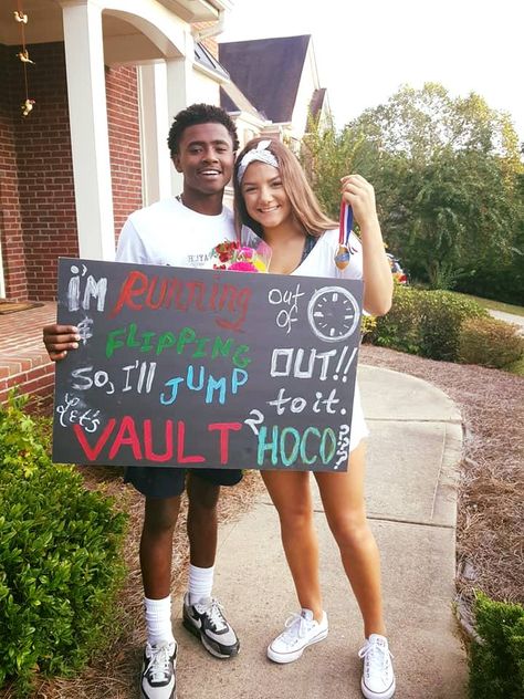 Homecoming Proposal that was perfect for a High School gymnast! Gymnastics Promposal, Gymnastics Homecoming Proposals, Gymnastics Hoco Proposals, Prom Posters, Homecoming Signs, Cute Homecoming Proposals, Homecoming Posters, Asking To Prom, Prom Pictures Couples