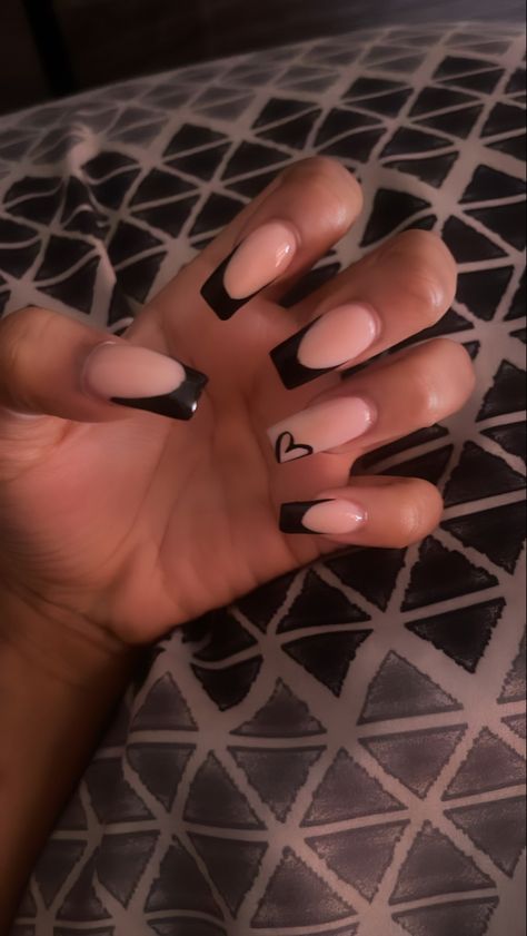 Black French Tip Nails With A Heart, Black French Tip Heart Nails, Black Nails With A Heart, Black French Nails With Heart, Black Heart French Tips, Blue French Tip With Heart, Black French Tip With Initial, Black French Tips With Hearts, Black French With Heart