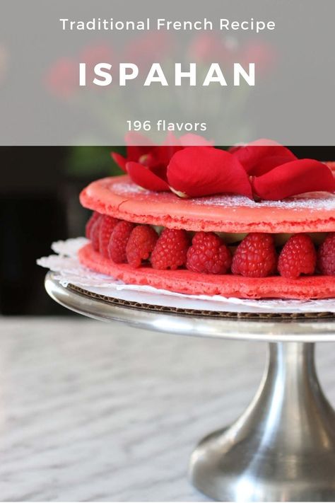 The ispahan, an iconic French pastry, is a large macaron combining a subtle combination of rose, raspberry and lychee. #Ispahan #FrenchRecipe #France #WorldCuisine #196flavors Traditional French Recipes, Italian Meringue, French Pastry, Pastry Brushes, Pastry Shop, French Pastries, French Food, International Recipes, Chocolate Milk