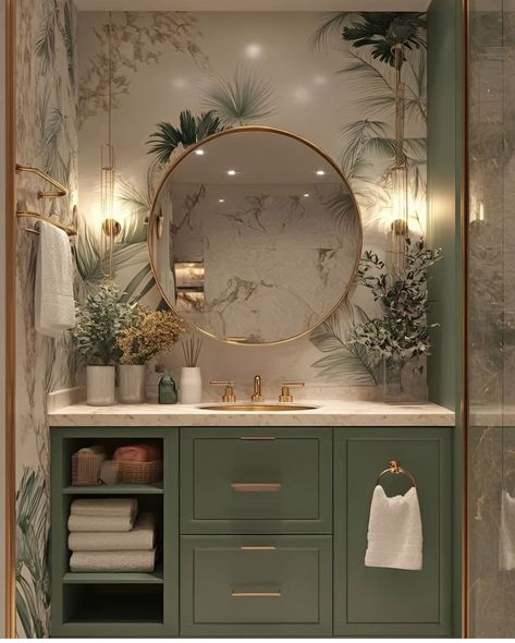 Guest Bathroom Redo, Good Bathroom Fixtures, Sage Green Restroom Ideas, Green Vanity With Gold Hardware, Modern Sage Bathroom, Aesthetic Bathroom Design, Emerald Green Half Bath, Sage Green Luxury Aesthetic, Light Green Bathroom Aesthetic