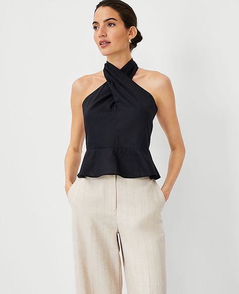 Styled with a flattering crossover front, our peplum halter top is a go-to you'll wear all season long. Front crossover straps. Sleeveless. Peplum hem. Hidden back zipper with hook-and-eye closure. Lined body.,Imported:Imported,Fit:Waist-defining: feminine and flattering,Length:19 1/2" long,Fabrication:Shell: 72% Lyocell, 28% Cotton; Lining: 100% Cotton,Garment Care:Machine Washable Cross Front Peplum Top by Ann Taylor Size regular - 2XL Black Women's Halter, Sleeveless, Halter, Tops, Shell 72%, Lyocell, 28%, Cotton Lining 100%, Cotton, Machine, Washable Black Blouse Outfit, Work Tops For Women, Halter Tops Outfit, High Neck Halter Top, Working Girls, Ann Taylor Petite, Peplum Tops, Midi Flare Skirt, Outfits Petite